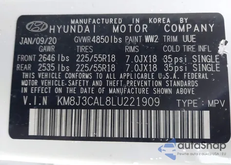 2020 Hyundai Tucson Limited z USA, uszkodzony, nr VIN KM8J3CAL8LU221909